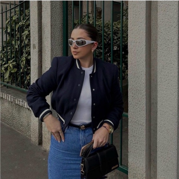 Zara Dark Blue Bomber Jacket with White Details - Picture 6 of 9